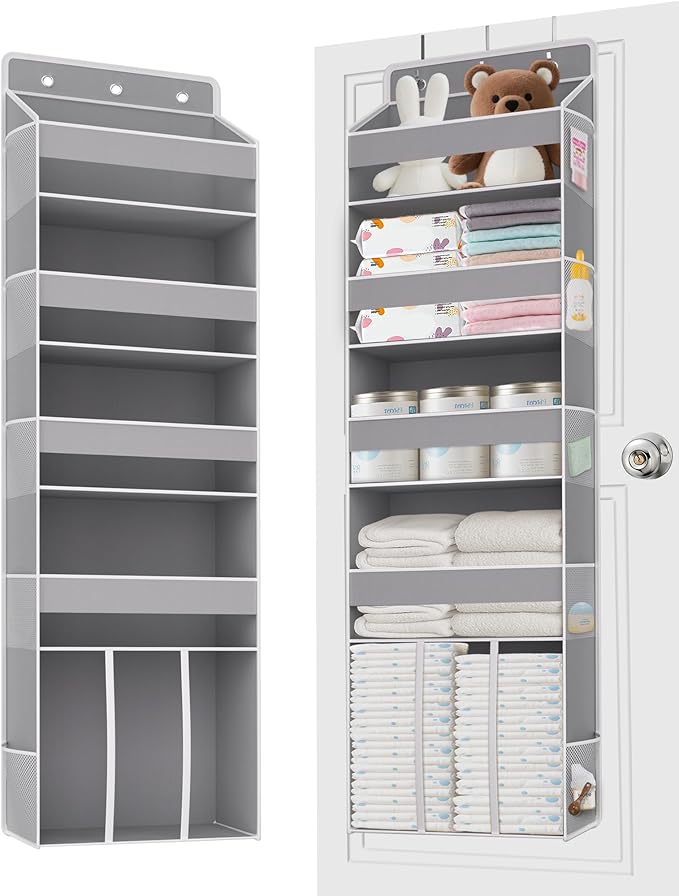 TAHAVICE Heavy Duty Over the Door Organizer with Large Capacity Caddy, Behind Door Storage with 10 Mesh Side Pockets, Back of