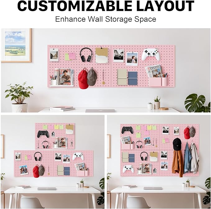 Peg Board, 4 Pack Metal Pegboard Panels Pink Pegboards Wall Organizer with Frame Large Heavy Duty Peg Board with Hooks for Wa