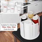 Rotating Cup Dispenser, Coffee Cup Holder with 4 Compartments, Disposable Paper Cup Organizer Fits 5 to 16 oz Cups for Kitchen Cabinets, Detachable Plastic Cup Stand & Lid Holder, White