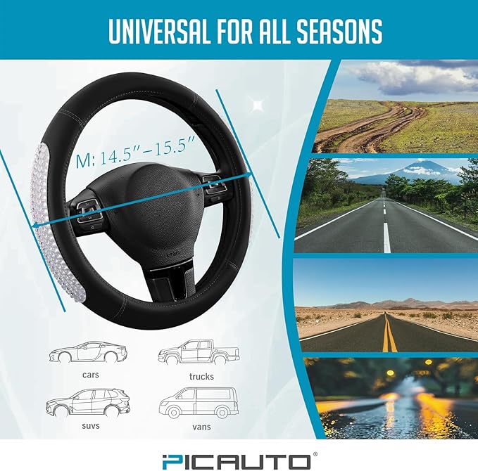 PIC AUTO Steering Wheel Cover, Glitter Gel Particles & Black Luxury Leather Car Steering Cover, Universal Fit 14.5"-15.5" Ant
