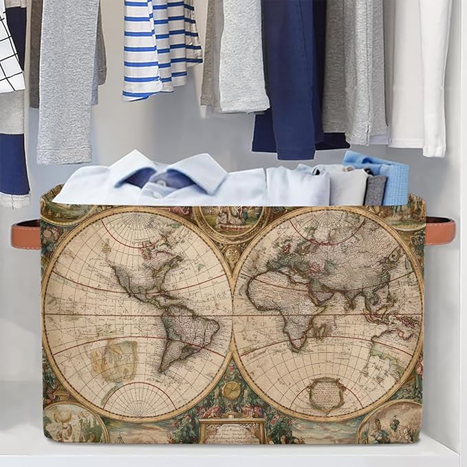 Globe Travel World Map Storage Basket Collapsible Cloth Storage Cube Basket Bins Organizer with Handles Rectangular Large Toy