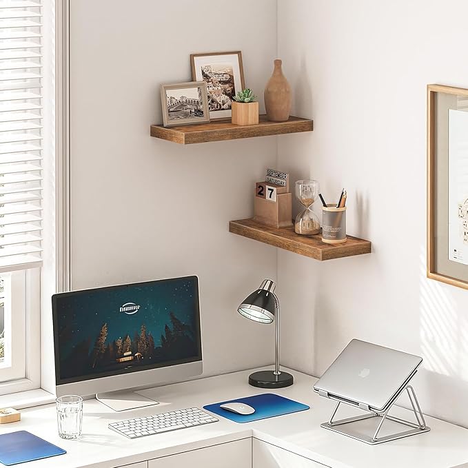Solid Wood Floating Shelves Set of 2 - Waterproof Scratch Resistant Wall Mounted Shelves, Country Style Brown (15.75 in W × 9