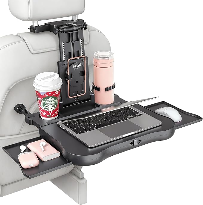 Car Back Seat Tray with Extendable Table, Car Desk for Laptop with Phone Holder, Foldable Trays for Eating & Working, Car Travel Tray Table for Rear Passenger