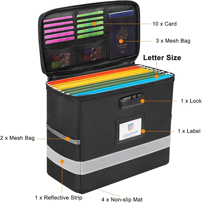 Fireproof File Box with Lock, Document Box Storage Organizer, Suitable for Hanging File Folders in Letter Size, Collapsible F