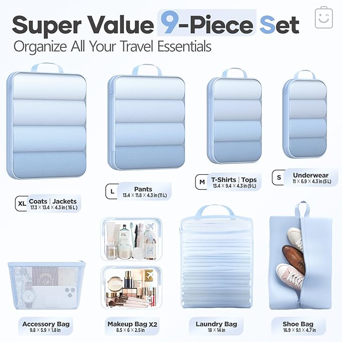 Veken 9/11 Set Compression Packing Cubes for Travel Essentials,Compressible Expandable Large Luggage Suitcase Organizer Bags 