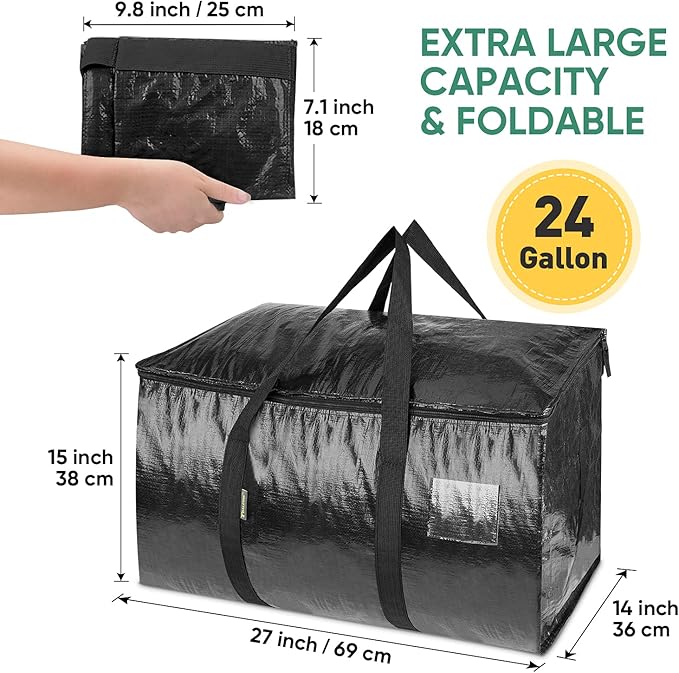 BALEINE 8-Pack Oversized Moving Bags with Reinforced Handles, Heavy-Duty Storage Tote for Clothes, Moving Supplies (Black, 8-