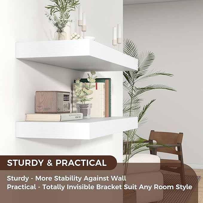 Floating Shelves for Wall, 30" W x 12" D x 2" H, 2 Pack of Long Wall Mounted Engineered Wood Shelves with Invisible Brackets 