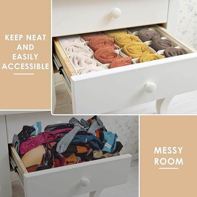 Criusia 3 Pack Sock Underwear Drawer Organizer Dividers, 64 Cell Fabric Foldable Cabinet Dresser Closet Organizers and Storag