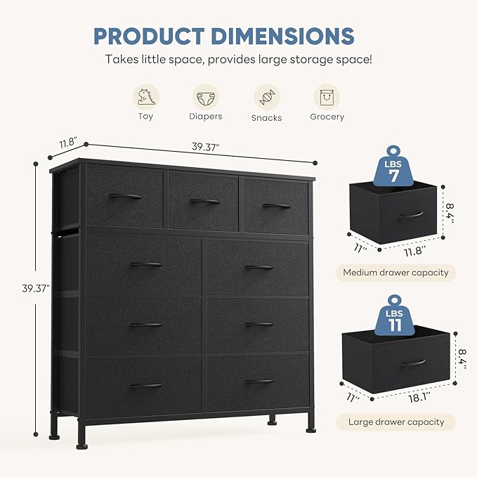 DUMOS 9 Drawer Dresser for Bedroom, Fabric Storage Organizer with Sturdy Metal Frame, Wooden Top Chest of Drawers for Closet 