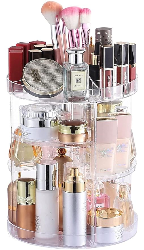 Cq acrylic Rotating Makeup Organizer,Adjustable Spinning Skincare Organizer for Vanity,Countertop,Clear Rotating Perfume Orga