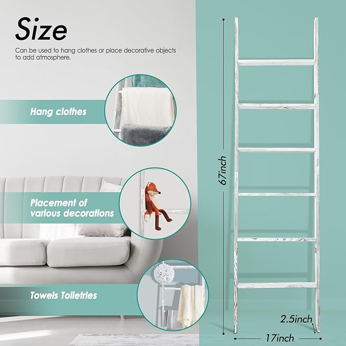 6-Tier Blanket Ladder Wooden,100% Pine,Towel Holder Rack with Anti-Slip Construction,Home Decor,Easy Assembly (Vintage White)