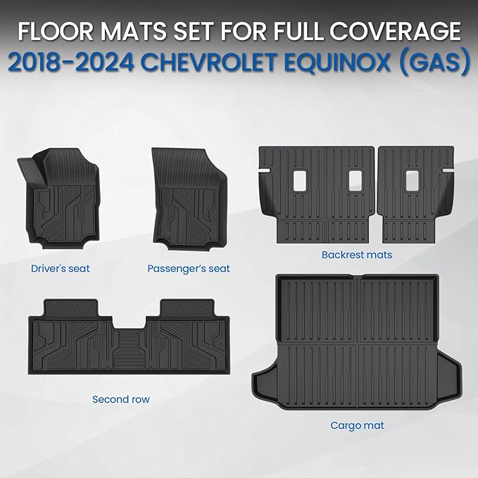 Floor Mats & Cargo Mat & Backrest Mat for 2018-2024 Chevy Equinox/GMC Terrain, All Weather TPE Car Floor Liners Trunk Mat Accessories for Chevrolet Equinox