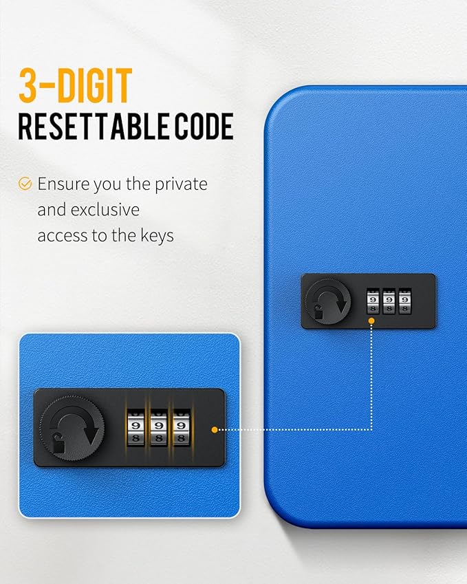 Uniclife 20 Position Key Cabinet with Combination Lock Resettable Blue Digital Security Storage Box Steel Key Organizer with 