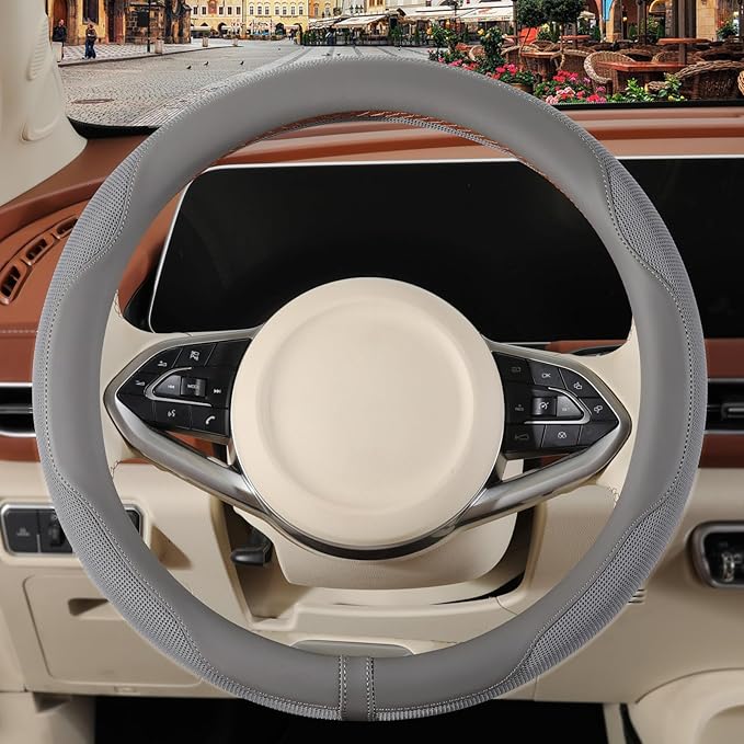 Nappa Leather Gray Steering Wheel Cover, Advanced Microfiber Leather Non-Slip Breathable Fabric, Warm in Winter and Cool in S