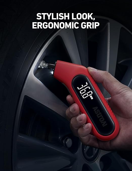 AstroAI Digital Tire Pressure Gauge 3-300PSI Calibrated to ANSI B40.7 Grade 2A (0.5%), Backlight and Flashlight, Presta Valve Adaptor Included, 4 Units, AAA Batteries, Red