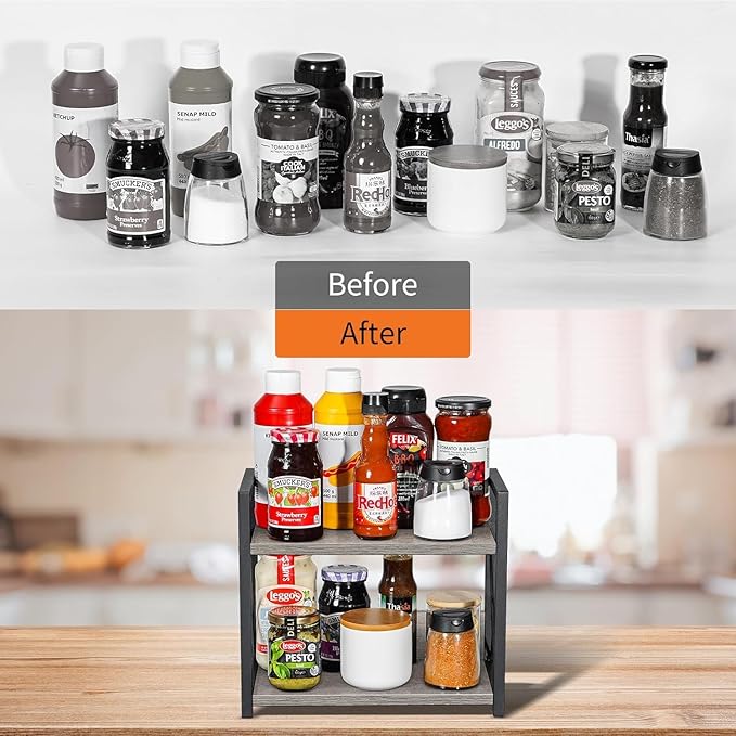 Giikin Countertop Shelf Organizer, 2 Tier Kitchen Spice Rack Organizer for Countertop, Wood Coffee Counter Shelf Organizer fo