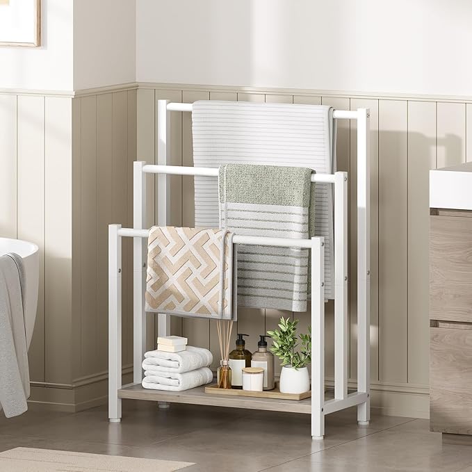 HOOBRO Free Standing Towel Rack, 3 Tier Blanket Rack, Blanket Holder for Bathroom, 23.6" L x 11" W x 31.9" H, Industrial Meta