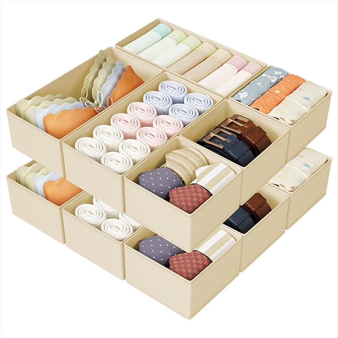 DIMJ Drawer Organizers Clothes, Set of 14 Dresser Organizer Bins, Fabric Closet Organizers and Storage, Shallow Drawer Divide