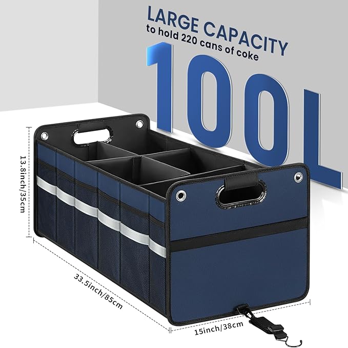 Car Trunk Organizer, Car Storage Organizer, Collapsible Multi Compartment for Car, Suv, Sedan, Truck, 100L, Extra Larger