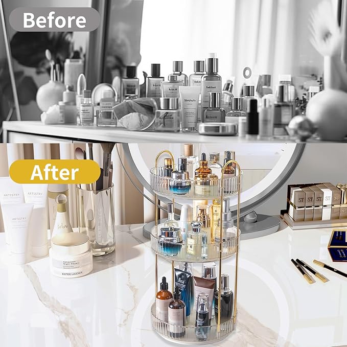 Asayuee 360 Rotating Makeup Organizer,3 Tier Large Capacity Make Up Organizers and Storage,Skincare Perfume Vanity Organizers
