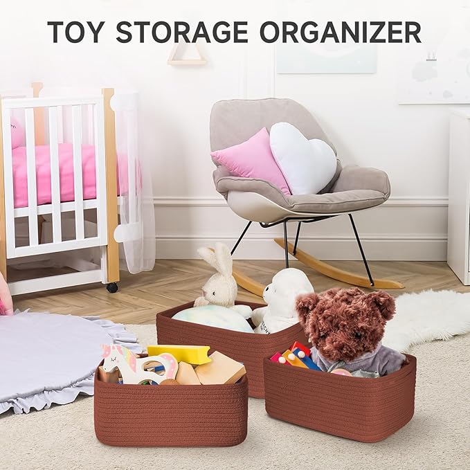 3-Pack Shelf Baskets for Organizing, Closet Organizer Bins, Small Woven Baskets, Rope Toy Basket, Storage Basket for Shelves,