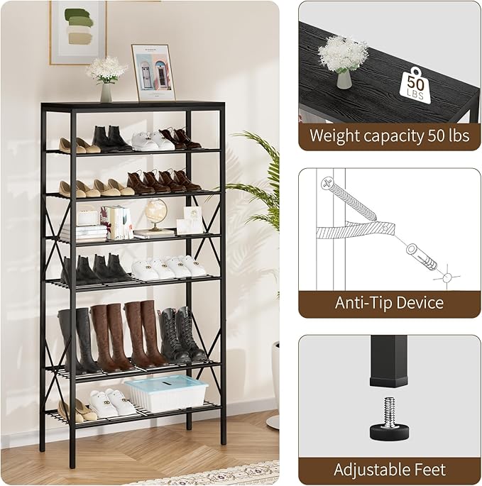 8 Tiers Shoe Rack, Large Capacity Shoe Rack Holds 32 Pairs of Shoes, Durable and Stable, Adjustable Metal Shelf Stackable Sho