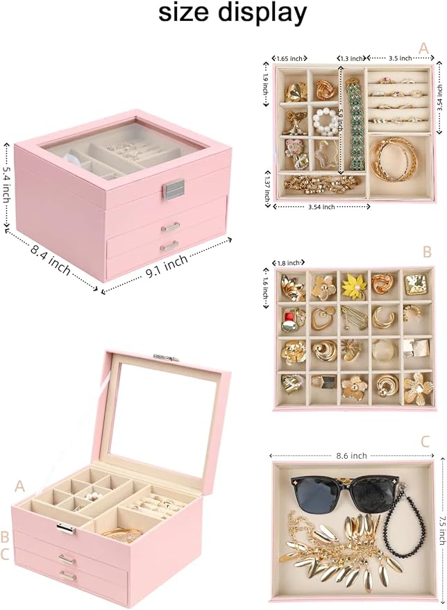 BOOVO Clear Lid Jewelry Box,3 Layers Jewelry Organizer Large Multi-Functional Jewelry Storage Box with 2 Drawers,Jewelry Disp