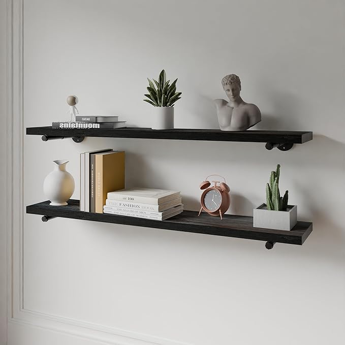 Industrial Pipe Wall Wood Shelves,Real Wooden Shelves 48" in Black Planks Color with 1.2" Extra Thickness, Modern Floating Sh