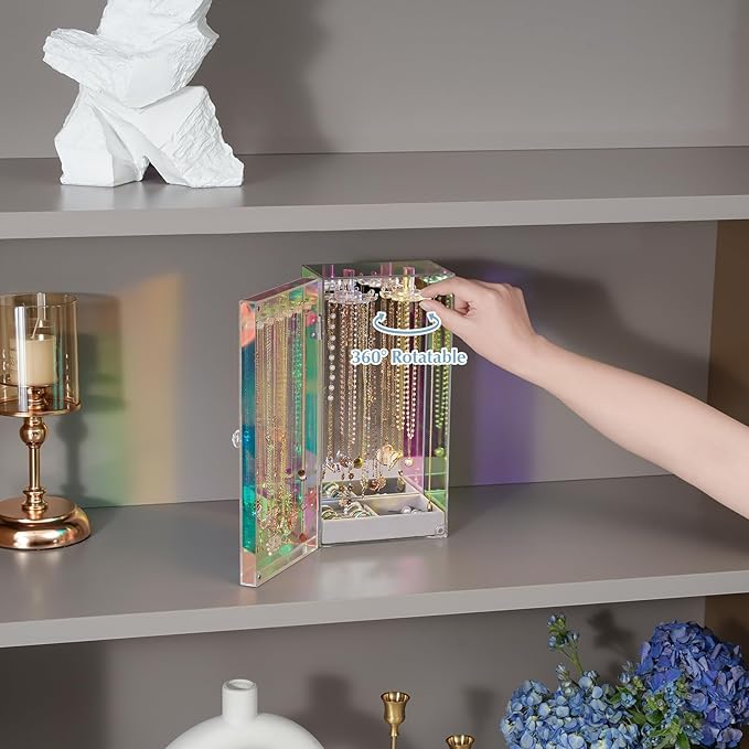 Lolalet Necklace Holder Organizer, Acrylic Jewelry Organizer with 24 Hooks, Rotating Clear Necklaces Display Box with Built-i