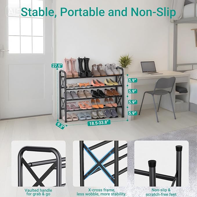 YEASHEIN 4-Tier Expandable Shoe Rack for Closet Floor, X-Frame Metal Small Shoe Rack for Entryway, Adjustable Shoe Shelf Orga