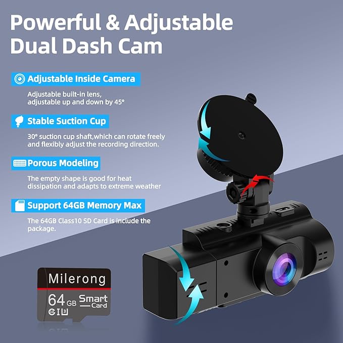 Dual Dash Cam Front and Inside, FHD 1080P Dashcam with 64GB Card, DashCamera for Cars with Night Vision, 24H Parking Monitor,