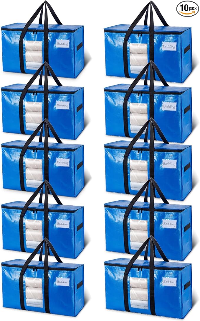 TAILI Extra Large Moving Bags, 10 Pack Blue Heavy Duty Totes for Storage with Visible Window, Wrap Around Handles, Storage Ba