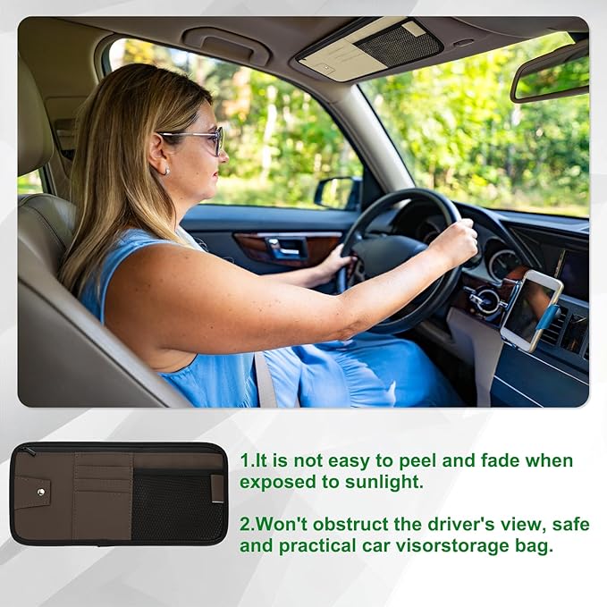 PATIKIL 1 Pcs Car Sun Visor Organizer, 12.8 x 6.5 Inch PU Leather Vehicle Storage Pouch Holder for Sunglasses Card Pen Driver License Car Accessories, Brown