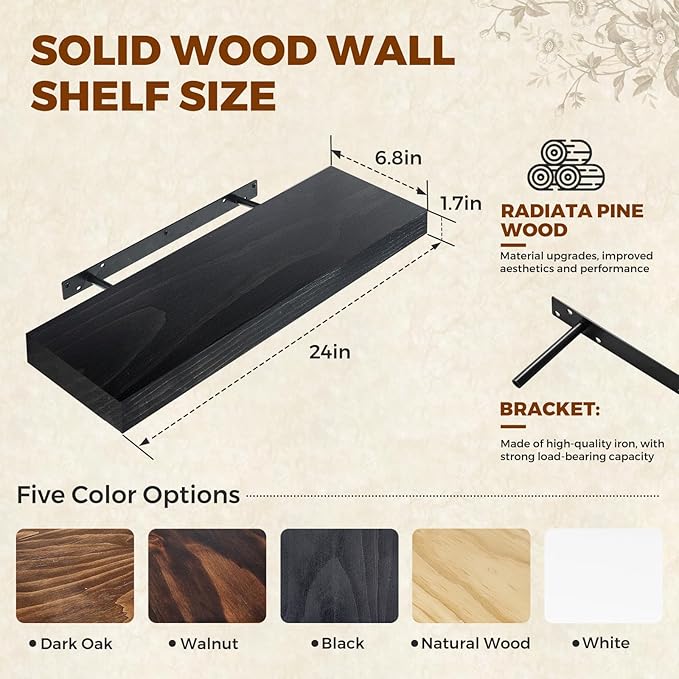 Floating Wall Shelves 24x6.8x1.7 Inch – Solid Wood Rustic Shelves in Black Finish – Wall Mounted Display Shelf for Bathroom, 