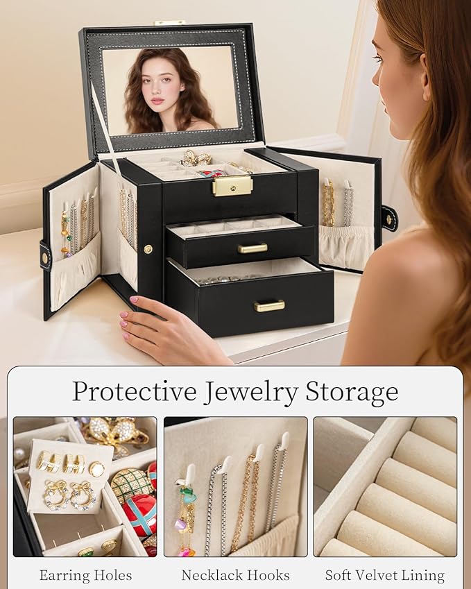 TORIBIO Jewelry Box for Women, Leather Jewelry Organizer with Mirror & Lock, 3-Tier Jewelry Storage Organizer with 2 Drawers 