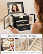 TORIBIO Jewelry Box for Women, Leather Jewelry Organizer with Mirror & Lock, 3-Tier Jewelry Storage Organizer with 2 Drawers 