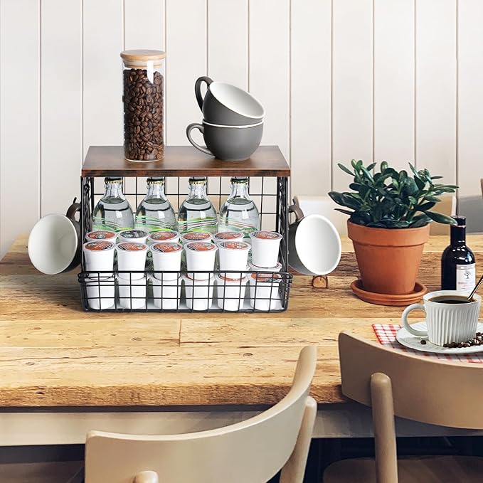 Wawocs Fruit Basket for Kitchen Counter, Fruit Bowl Stackable Wall Mounted Hanging Fruit Basket Wire Basket with Wood Lid wit