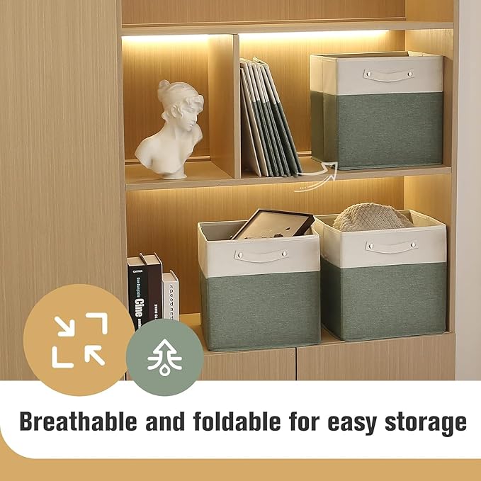 FinishingBo 13 x 13 Inch Fine Linen Storage Bins with Handles，Fabric Cube Boxs，Basket Organizers for Shelves for Home, Closet