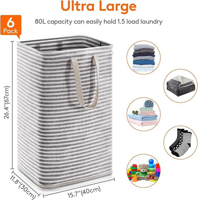 Lifewit 6 Pack Laundry Basket 80L Each, Collapsible Clothes Hamper with Reinforced Handles, Freestanding Waterproof Design fo