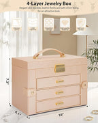 AKOZLIN Large 4-Tier Jewelry Box Leather Jewelry Storage Organizer with 3 Drawers Lockable for Women Girls Ring Necklace Earr