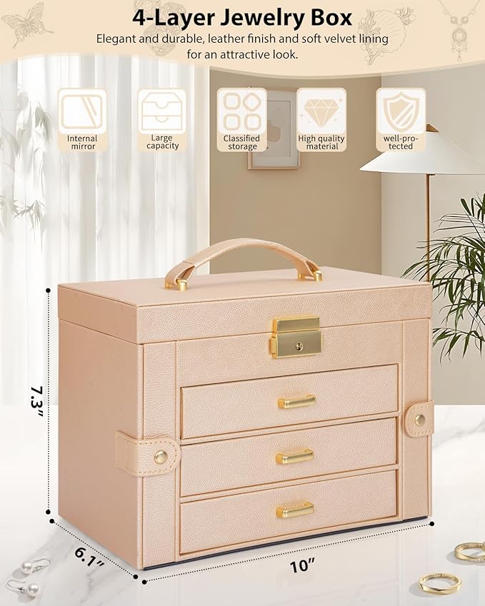 AKOZLIN Large 4-Tier Jewelry Box Leather Jewelry Storage Organizer with 3 Drawers Lockable for Women Girls Ring Necklace Earr