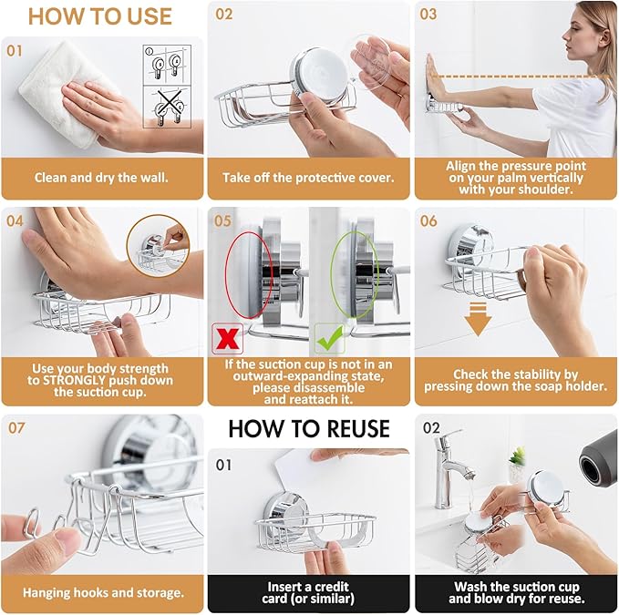 LEVERLOC Soap Holder Shower with Hooks, Bar Suction Cup Soap Dish Tray for Wall, Rust-Proof Stainless Steel Sponge Caddy for 