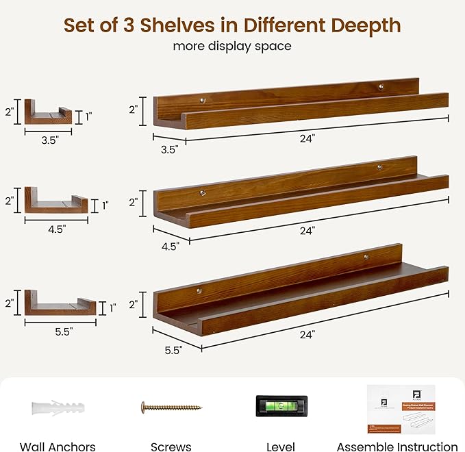 Picture Ledge Wall Shelves 24 inches Width Set of 3, Solid Pine Wood Rustic Floating Ledge Shelves for Wall for Kids' Room Be