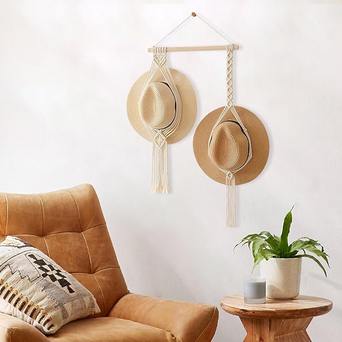 Tissting Macrame Hat Hangers Boho Hat Rack for Wall Hat Holder Display Organizer Bobo Hanging Hat Organizer Storage for Wide 
