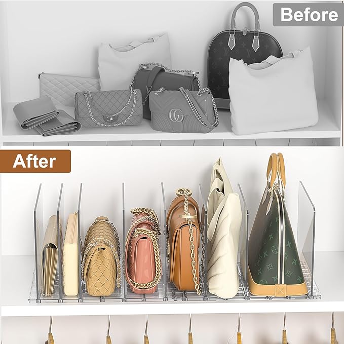 GoMaihe Bag & Purse Organizer for Closet: Adjustable Clear Handbag Storage Shelf - Plastic Clutch Dividers | Minimal | Keep P
