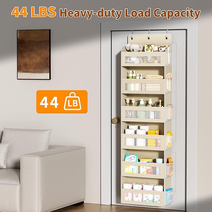 Over The Door Organizer with 6 Large Pockets, Over the Door Storage 12 Side Pockets, Hanging Door Organzier 44 lb Load Behind