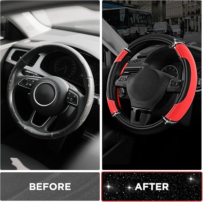 Road Comforts Leather Steering Wheel Cover - Made with PVC Leather - Anti-Slip, Universal Fit 14 1/2 inches to 15 inches - Re