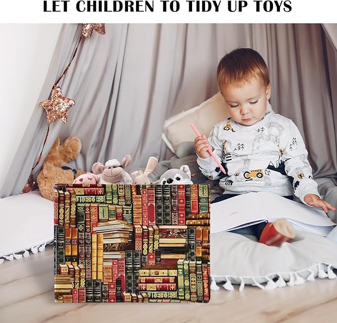 Vintage Library Books Storage Basket Organizer Bins With Handles,Retro Bookish Foldable Organizer Basket Toybox for Reading C