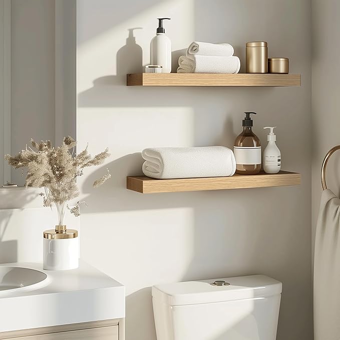 INHABIT UNION Oak Floating Shelves for Wall，24in Wall Mounted Display Ledge Shelves Perfect for Bedroom, Bathroom, Living Roo
