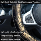 Embossed Skull Steering Wheel Cover, Skull Car Accessory, Microfiber Leather with Anti-Slip Lining, Fits 14.5"-15" Steering Wheels (Black Gold)